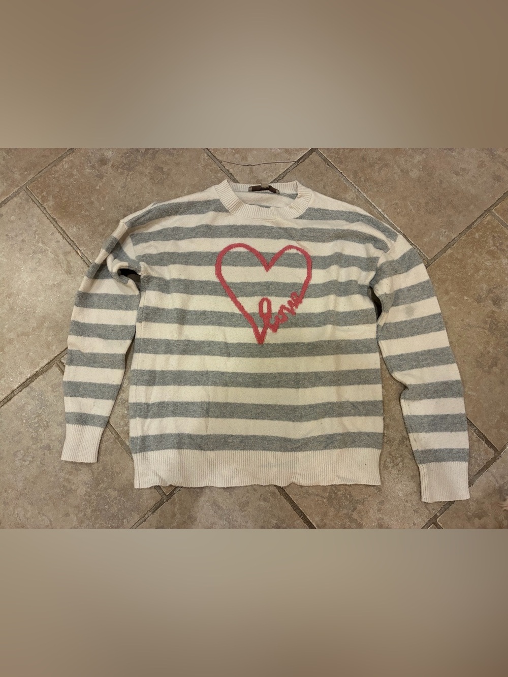LOFT Cream and Gray Striped Crewneck Sweater with Pink Heart